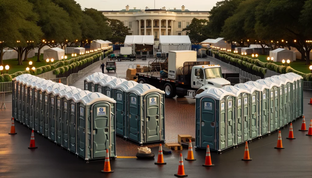 Festival porta potty bank with barricades in Waukegan, Illinois